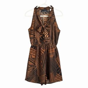 Blue Rain Chiffon Bow Tie Animal Print Elastic Waist Dress Black Brown L